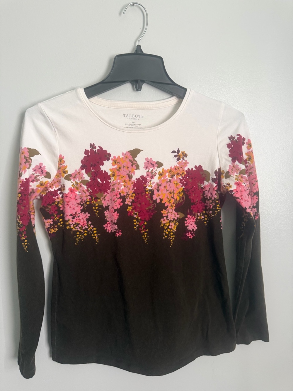 Talbots Floral Ombre Long-Sleeve Blouse Off White & Brown w/Pink Floral Petite S